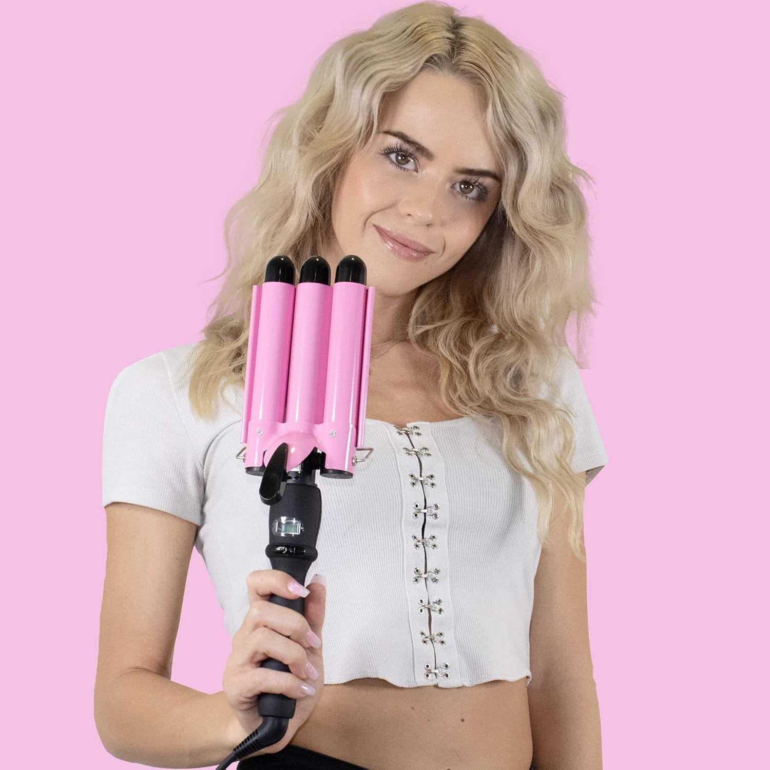 3 Barrel Curling Iron Wand Dual Voltage Hair Crimper with LCD Temp Display - 1 Inch Ceramic Tourmaline Triple Barrels, Temperature Adjustable Portable Hair Waver Heats Up Quickly (Pink): Beauty