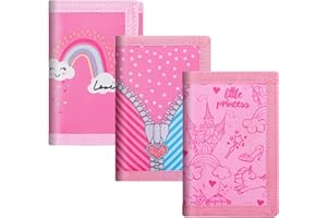 sundee RFID Blocking Wallet,3 Packs Kids Wallet Bulk,Mini Trifold Coin Purse Cartoon Wallet,Front Pocket Wallet with Zipper for Kids,Canvas Outdoor Sports Wallets with Magic Sticker - Pink Rainbow