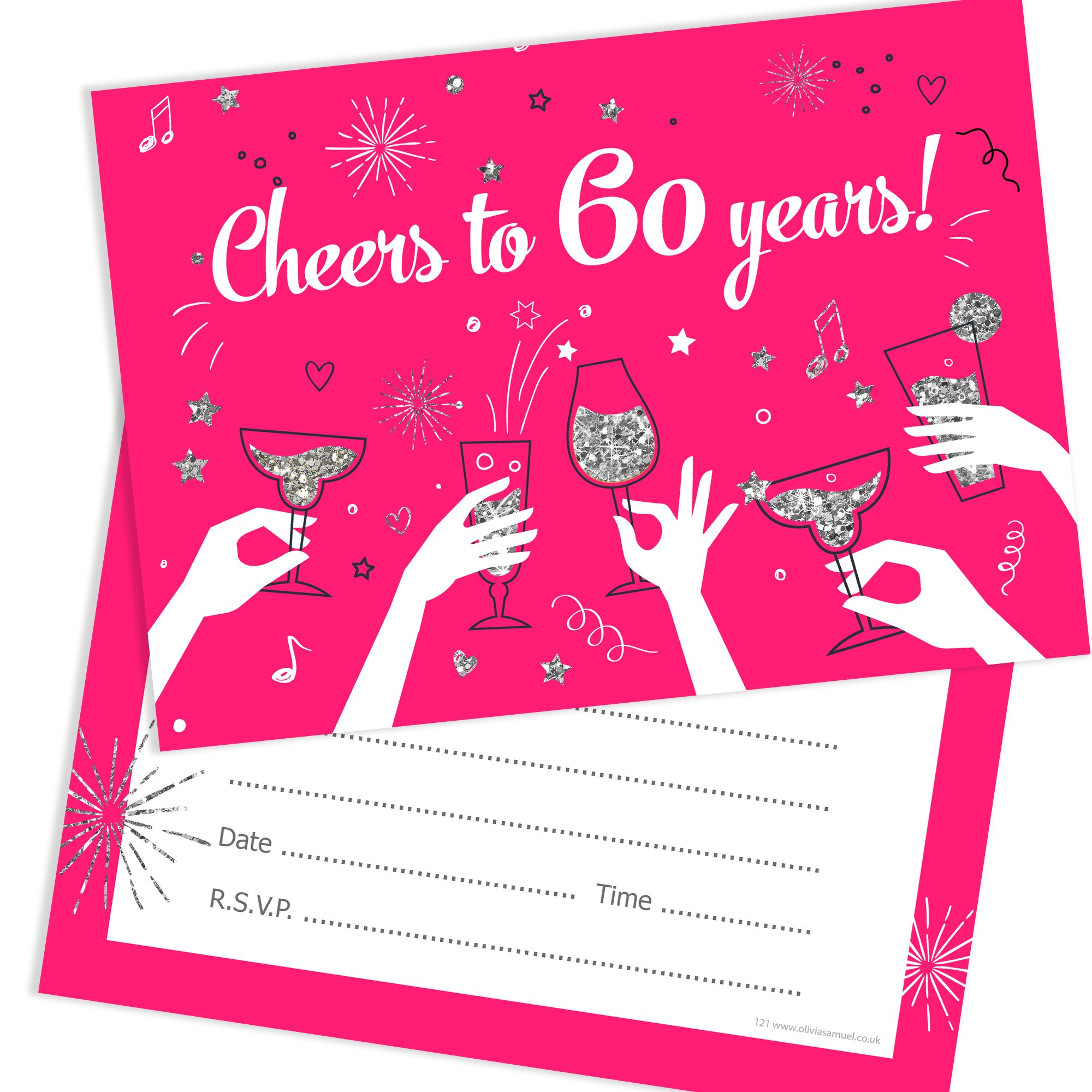Olivia Samuel 20 x 60th Birthday Party Invitations from Cheers to 60 years - Ladies ready to write invites with envelopes