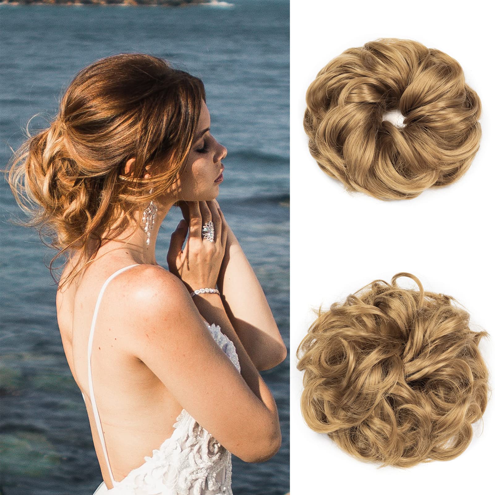 Gairyan Hair Scrunchies Hair Bun Hair Pieces Messy Bun Tousled Updo Curly Donut Hair Chignon Wavy Ponytail Hair Pieces for Women 40g (Dark Blonde)