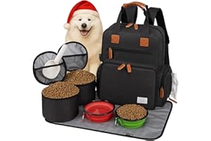 Modoker Dog Travel Bag, Airline Approved Backpack for Pet Accessories Organizer, Tote Weekend Bag with 2 Dog Food Storage Containers, 2 Collapsible Bowls, 1 Pet Mat, Black