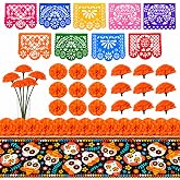 AstraVox 60Pcs Dia De Los Muertos Decorations, Ofrenda Altar Decor Set | 1 Linen Table Runner, 9 Colorful Papel Picado Banners & 50 Marigold Flowers for Day of The Dead Altar, Party and Home Decor