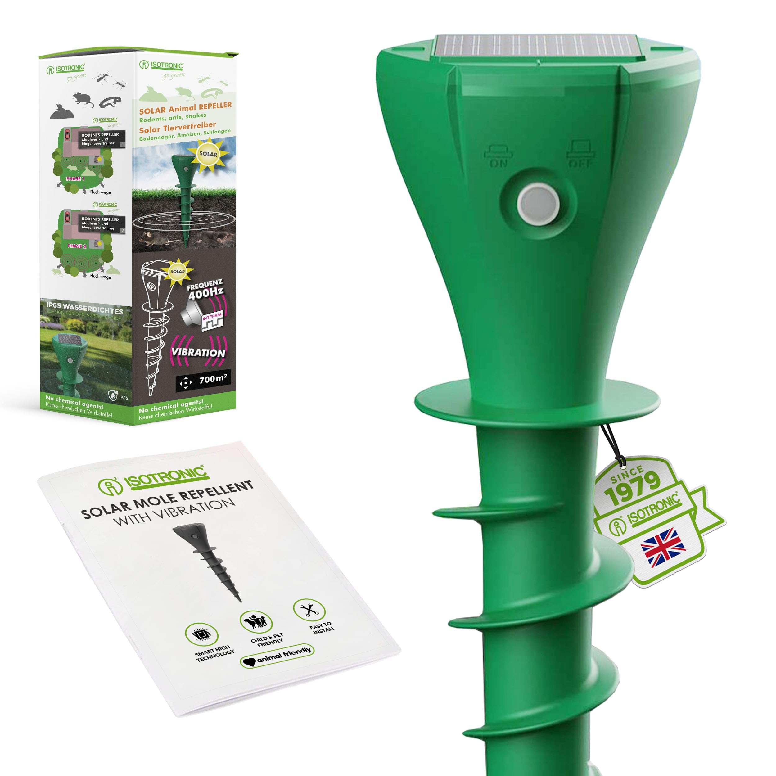 ISOTRONIC Solar Mole Repellent for Repelling Moles, Voles & Snakes - Mole Repellent with Ground Spike for the Garden - Mole Repellent with 700 m² Effective Area (Pack of 1)