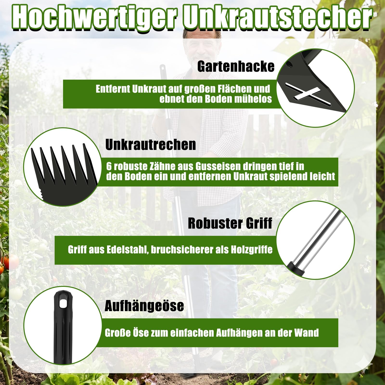YL Unkrautstecher mit Länge Stiel 1.47 m, 2 in 1 Manuell Gartenhacke 6 Zinken & Flachhacke, Unkrautjäter, Effizientes Unkrautentferner für Hof, Rasen, Terrasse und Garten 2