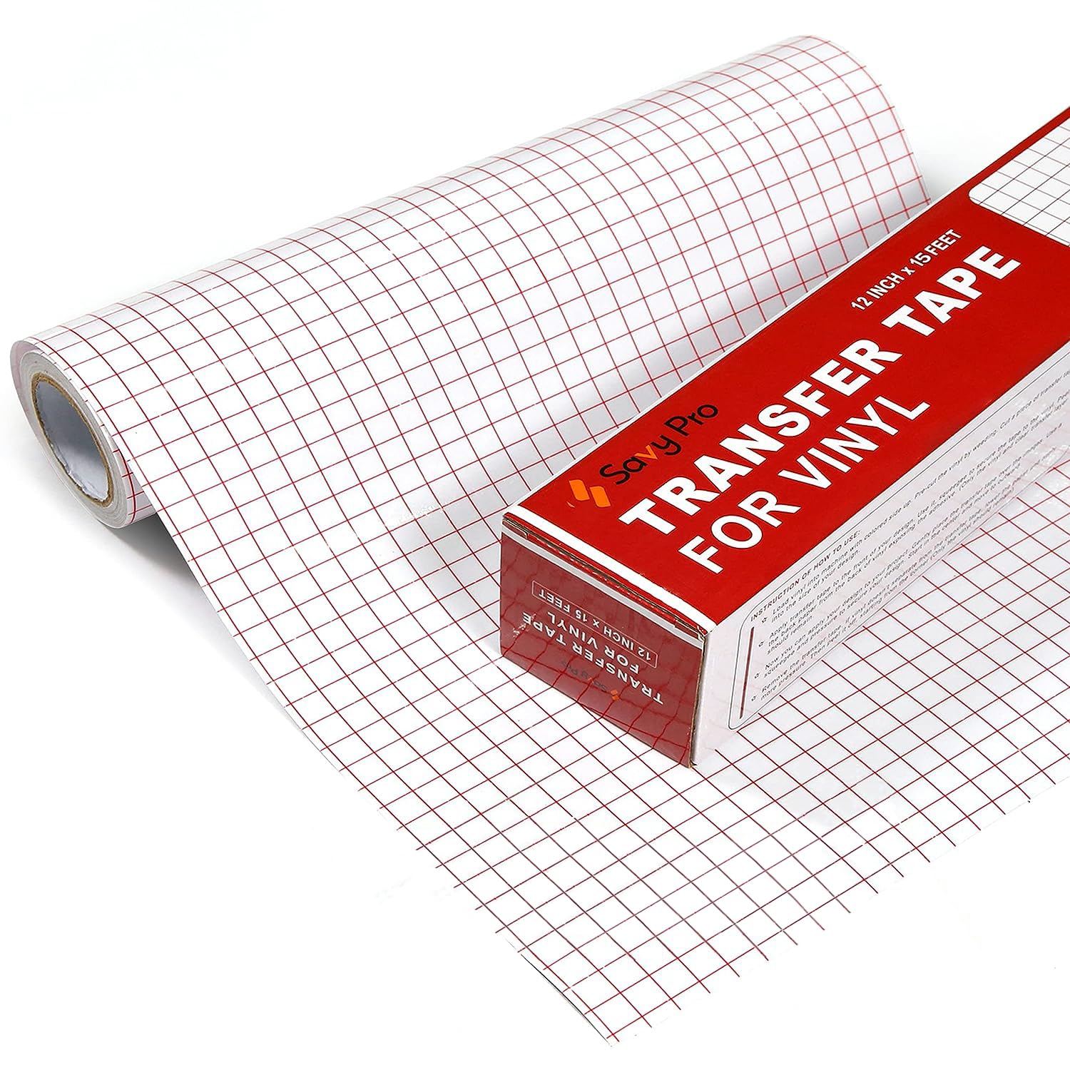 SAVY PRO Transfer Tape for Vinyl – 12'' x 15 FT Clear Cricut Transfer Tape with Red Grid Alignment – Medium Tack Vinyl Transfer Paper – Transfer Tape for Vinyl Cricut, Decals, Stickers, Signs, White