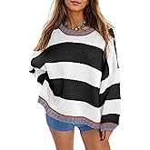 Fnortc Women's Chunky Knit Striped Sweaters Casual Long Sleeve Crew Neck Oversized Pullover Sweater Winter Fall Spring Tops