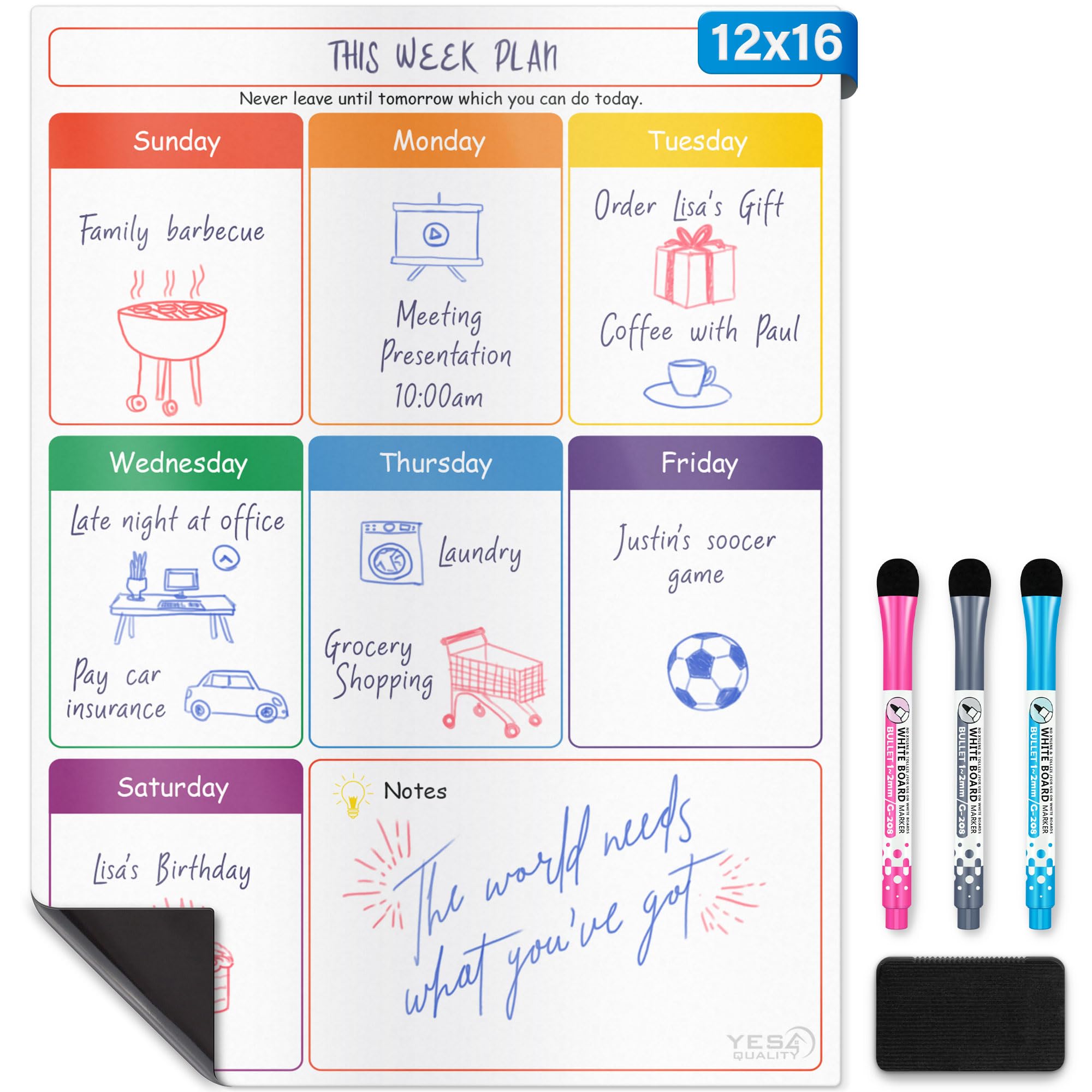 Magnetic Dry Erase Whiteboard Calendar for Fridge - A3 / 40 x 30 cm - Refrigerator White Board Sheet with 3 Colourful Markers & Eraser - Weekly Meal Planner & Organiser for Family - by Yes4Quality