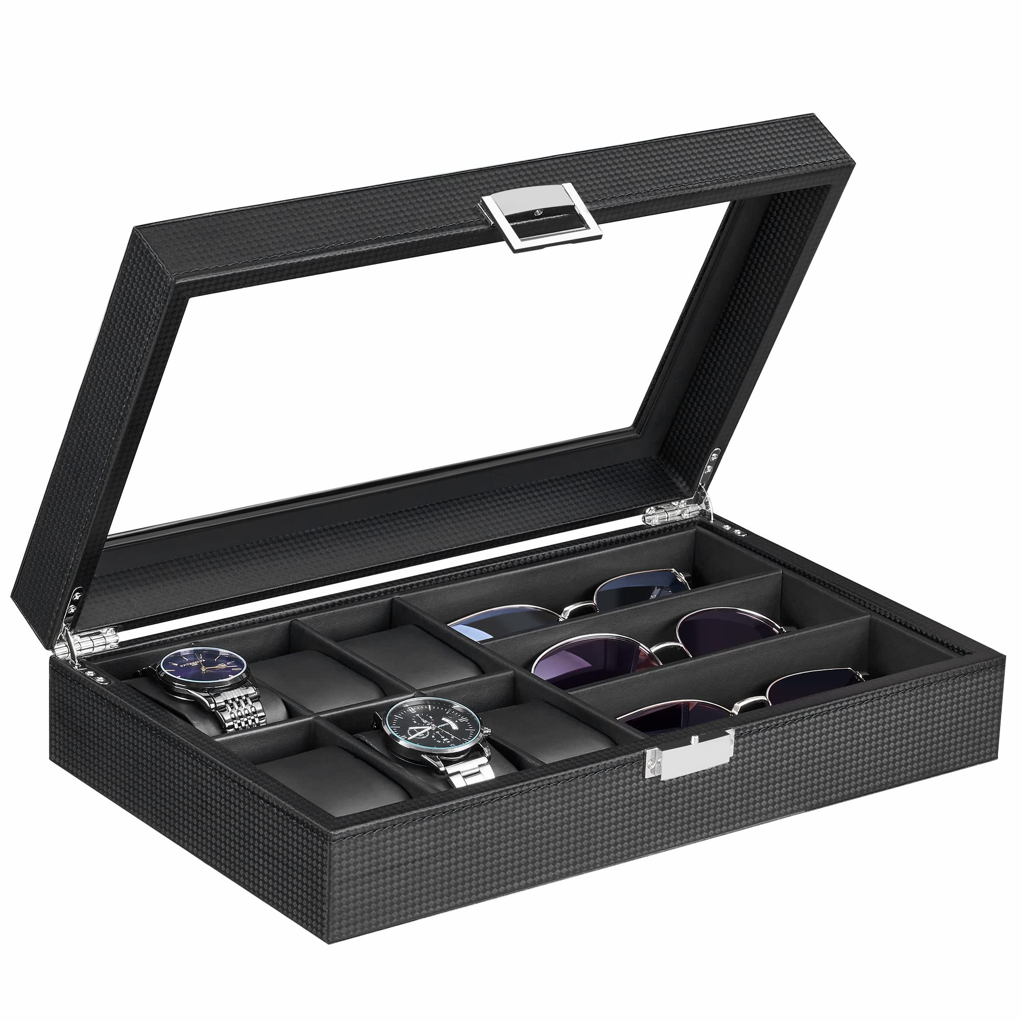 BEWISHOME Watch Box 6-Slot Watch Case and 3-Slots Sunglasses Box for Men, Sunglasses Storage with Large Glass Lid, Jewelry Box for Men Women Black SSH18C