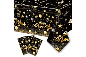 PARSUP 3PCS Happy New Year Tablecloth, Disposable Black Gold NYE Decorations, Rectangular Plastic Table Cover for Birthday and New Year's Eve Theme Party Supplies, 108 x 54"