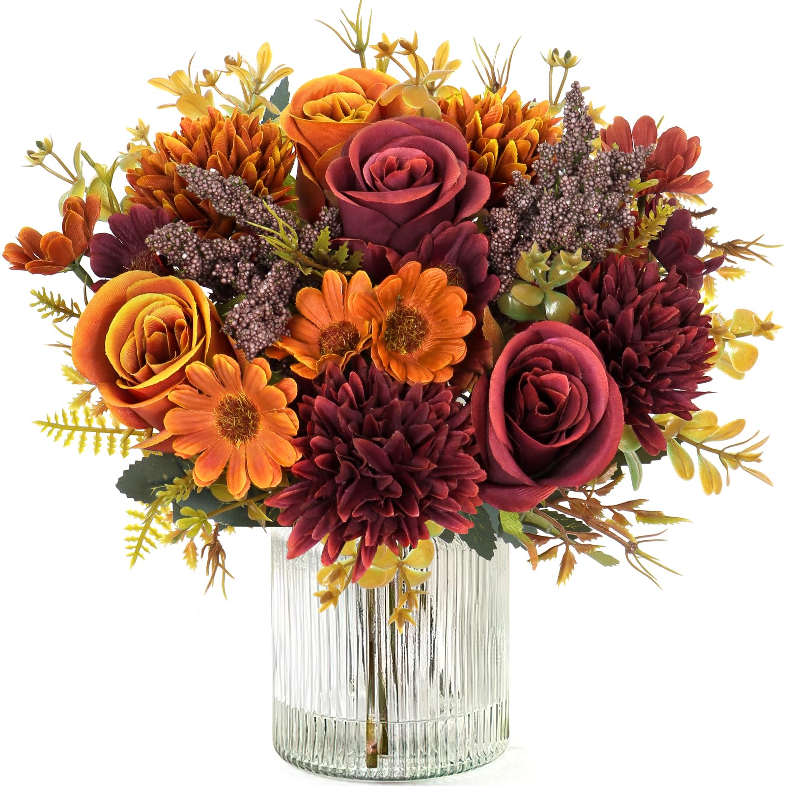 Photo 1 of **PICTURE FOR REFERENCE**Dremisland Artificial Fall Flowers Like Real Artificial Bouquet 2 Packs Silk Artificial Roses Bouquet with Daisy Chrysanthemum Orange Red Fall Flowers for Centerpiece Table Autumn Halloween Decor