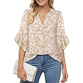 Lotusmile Womens 3/4 Sleeve Tops Dressy Business Casual Outfits V Neck Chiffon Work Blouses