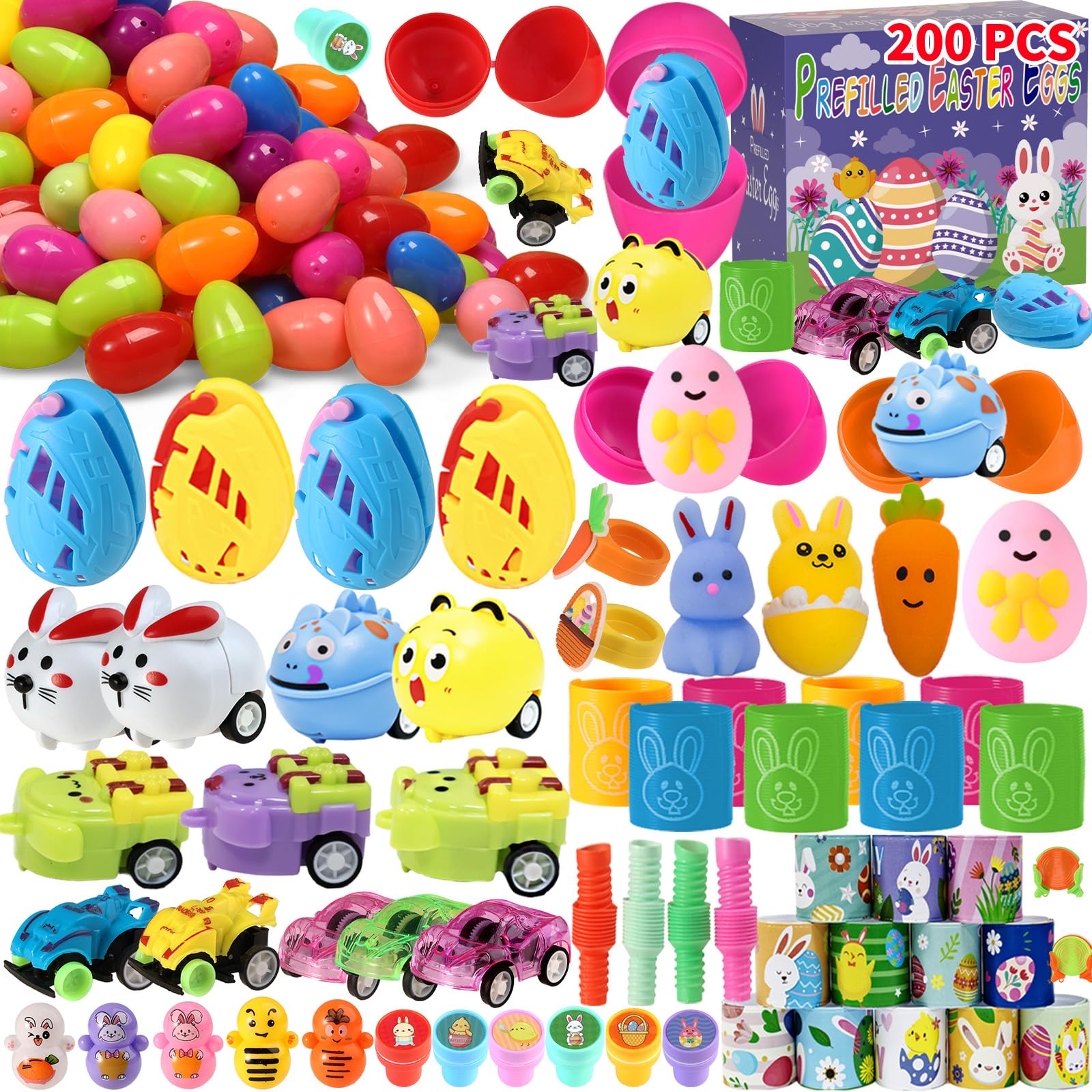PECHOI 200 Pcs Bulk Prefilled Easter Eggs with Toys Filled Easter Eggs for Kids Stuffed Easter Eggs for Easter Egg Hunt, Basket Stuffing, Classroom Prizes & Party Favors
