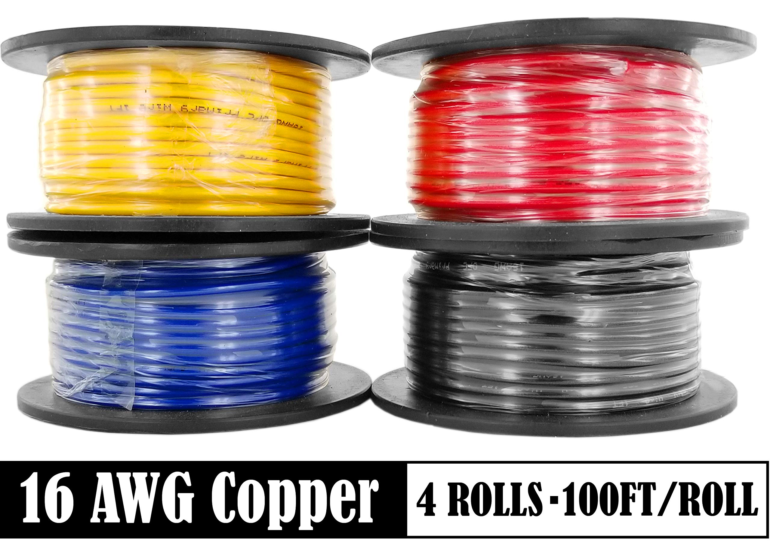GS Power 100% Copper 16 AWG (American Wire Gauge) Automotive Primary Wire 4 Roll Color Combo (100 Fe