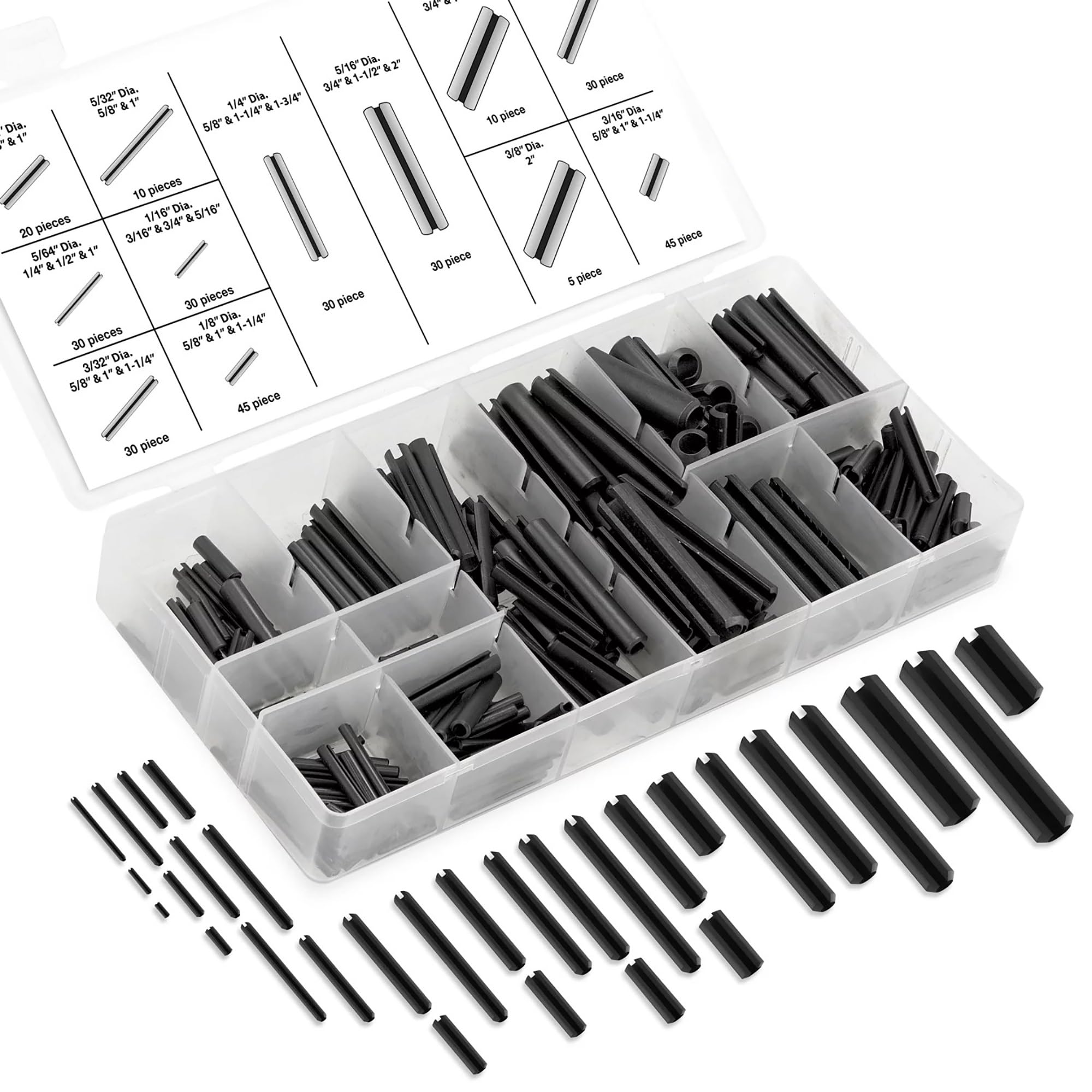 Photo 1 of Neiko 50412A Roll Pin Assortment Set with Storage Case | 315 Pieces | SAE | Slotted Spring Steel | Black Dowel Tension Roll Pin