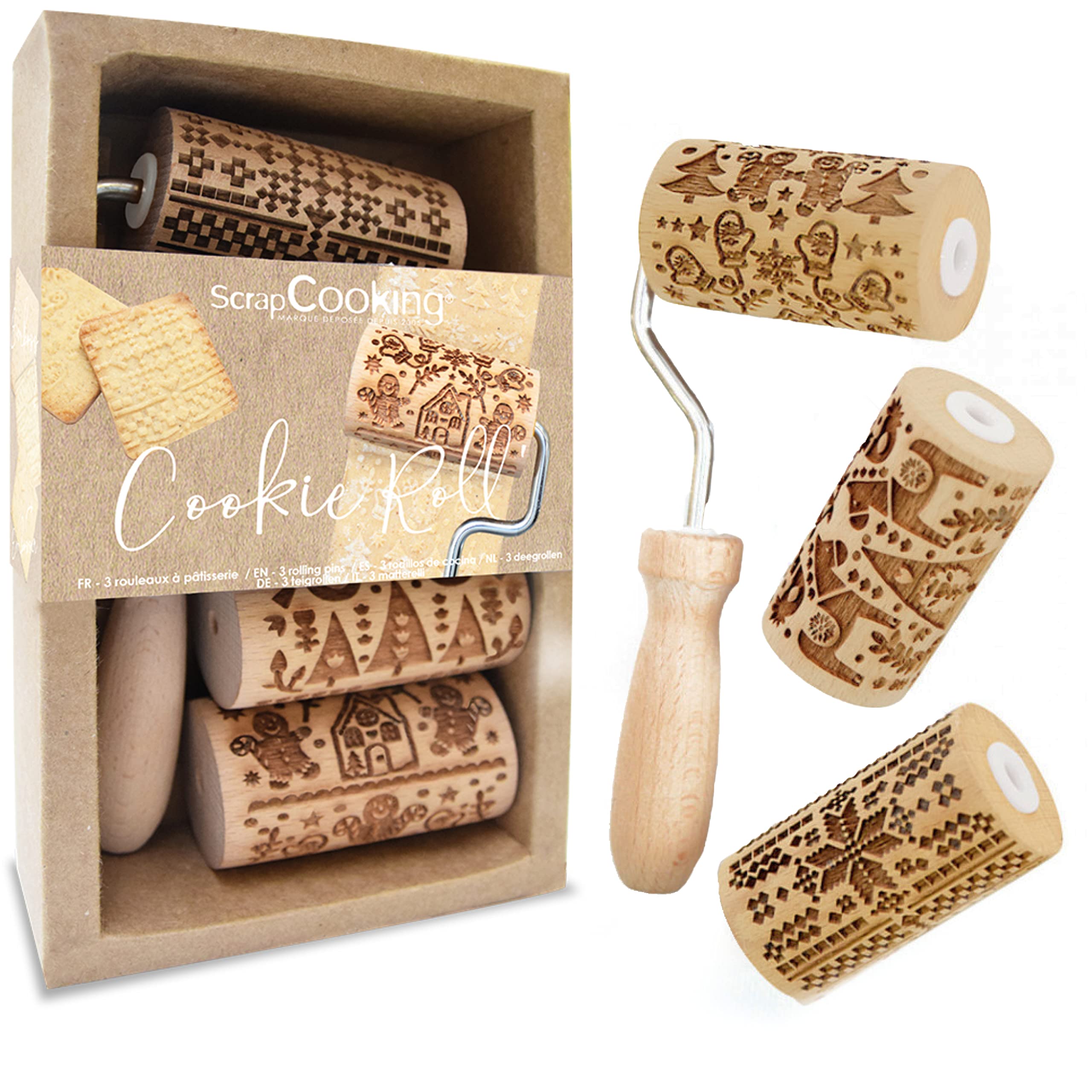 ScrapCooking 3798 Christmas Cookie Roll Kit - 3 Mini Wooden Rolling Pins with Motifs - Embossed Decoration Mould for Biscuits, Shortbreads, Cookies