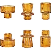 Toptime Candlestick Holders Set of 6, Ribbed Glass Taper Candle Holders, Reversible Amber Tealight & Candle Stick Candle Holder Vintage Crystal Tapered Candlestick for Wedding Dinner Party Festival