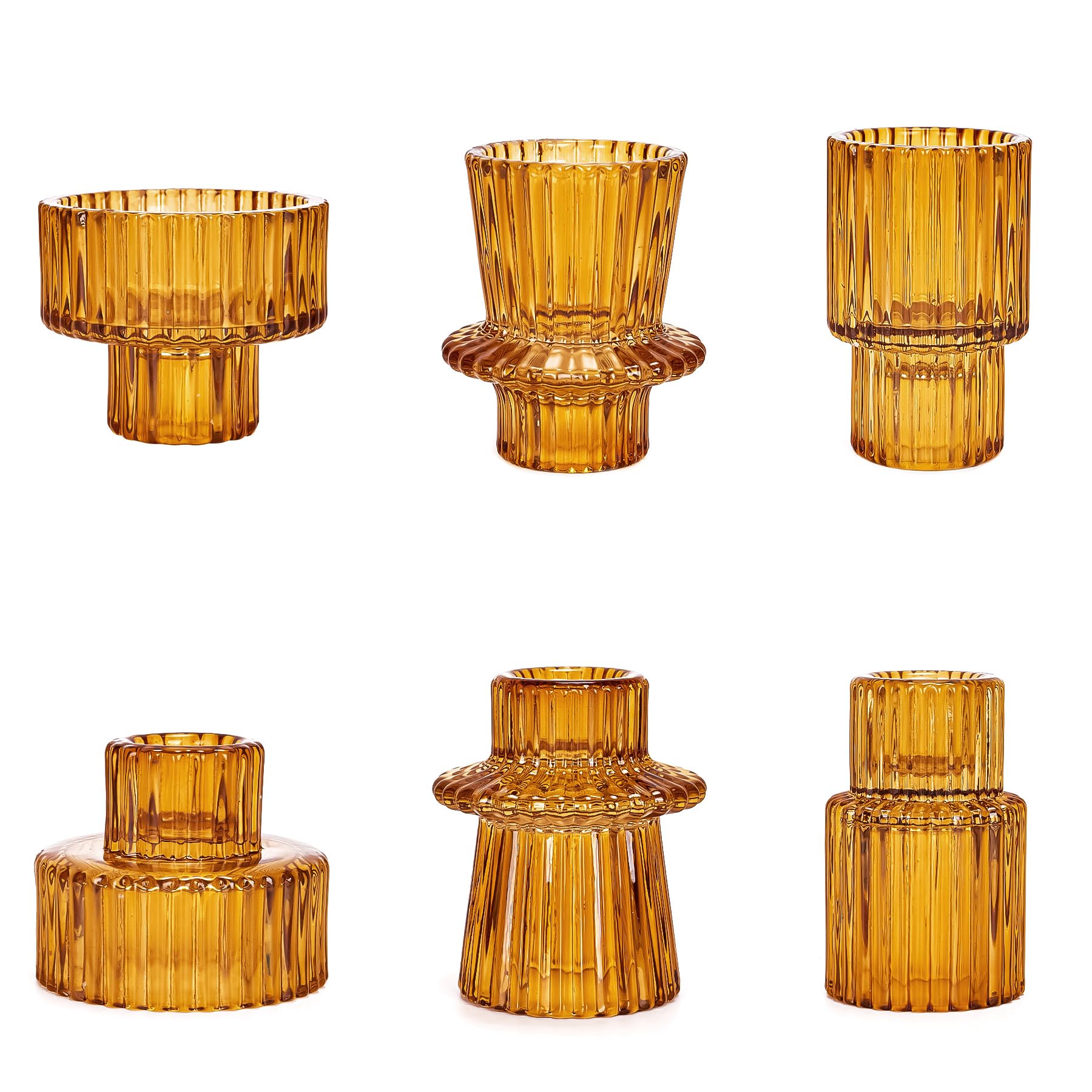Toptime Candle Holders Set of 6, Glass Candlestick Holders Pinstripe Pattern, Reversible Tealight & Taper Candle Holders, Amber Crystal Tea Light Candle Holder for Wedding Dinner Party Festival