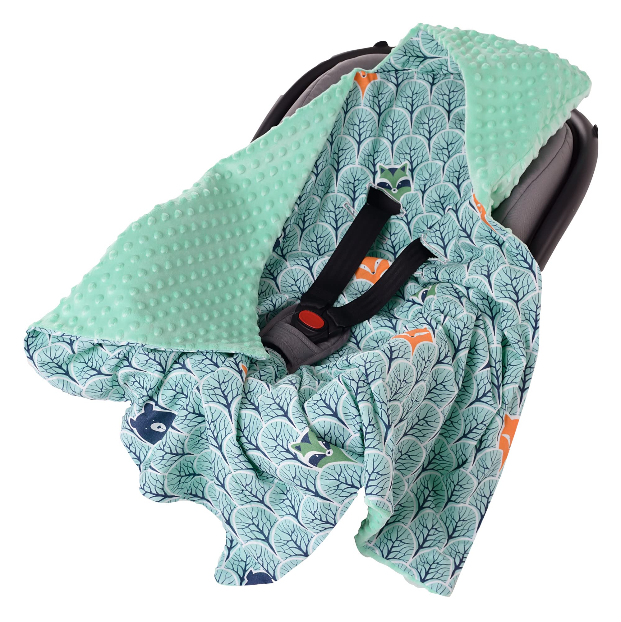 Medi Partners Swaddling Blanket 100% Cotton 85x85cm Double-Sided Multifunctional Plush Blanket With a hood for Pushchairs Soft Fluffy (Forest with mint Minky) — image 1