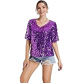 Women’s Sequin Tops Glitter V Neck Loose Summer Shirt Half Sleeve Sparkly Disco Party Plus Size Tunic Blouses