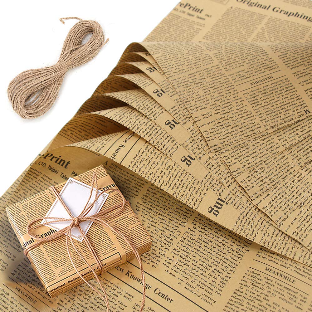 10 Sheets Kraft Wrapping Paper Birthday Kraft Brown Vintage Newspaper Gift Flowers Packaging Paper and 10 metres Jute Twine for Art Craft Gift Flower Decor