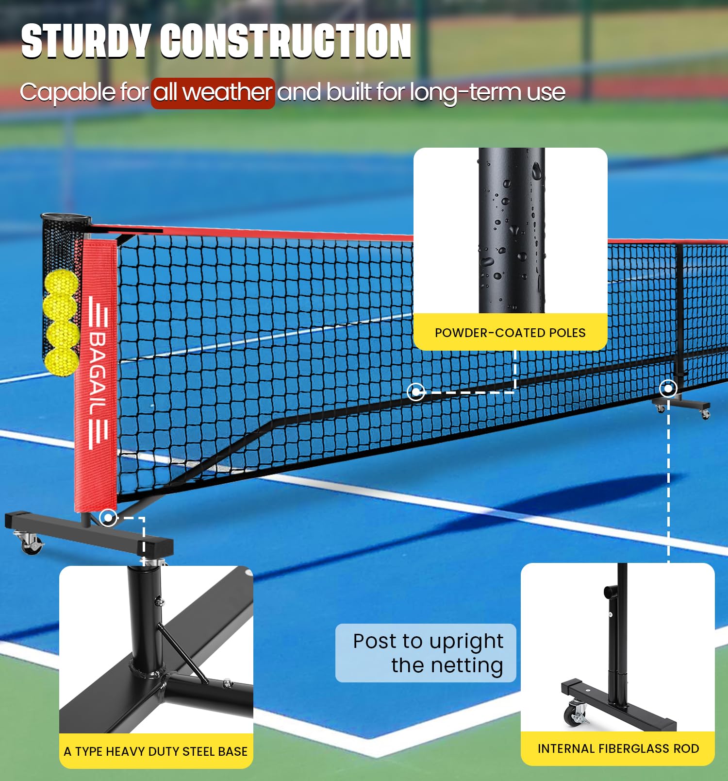 BAGAIL Portable Pickleball Net Set with Wheels, 22 FT Regulation Size & 11 FT Half Court Size 2-in-1 Pickle Ball Net with Ball Collector, Carry Bag, 4 Pickle Balls, Easy Setup for Outdoor Indoor