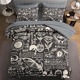WeCozy 7 Pcs Queen Size Comforter Set with 2 Pillowcases & 2 Shams, Gothic Goth Bat Chemistry Science Bedding for Kids and Adults, Vintage Dark Academia Medieval Bed in a Bag with Flat Fitted Sheet