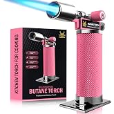RAVS Butane Torch Lighter, Metal Cooking Torch with Adjustable Flame, Pink | Food Torch with Metal Base &amp; Safety Buckle for Baking, BBQ, Desserts, Gifts for Women, Refillable, Butane Fuel Not Included