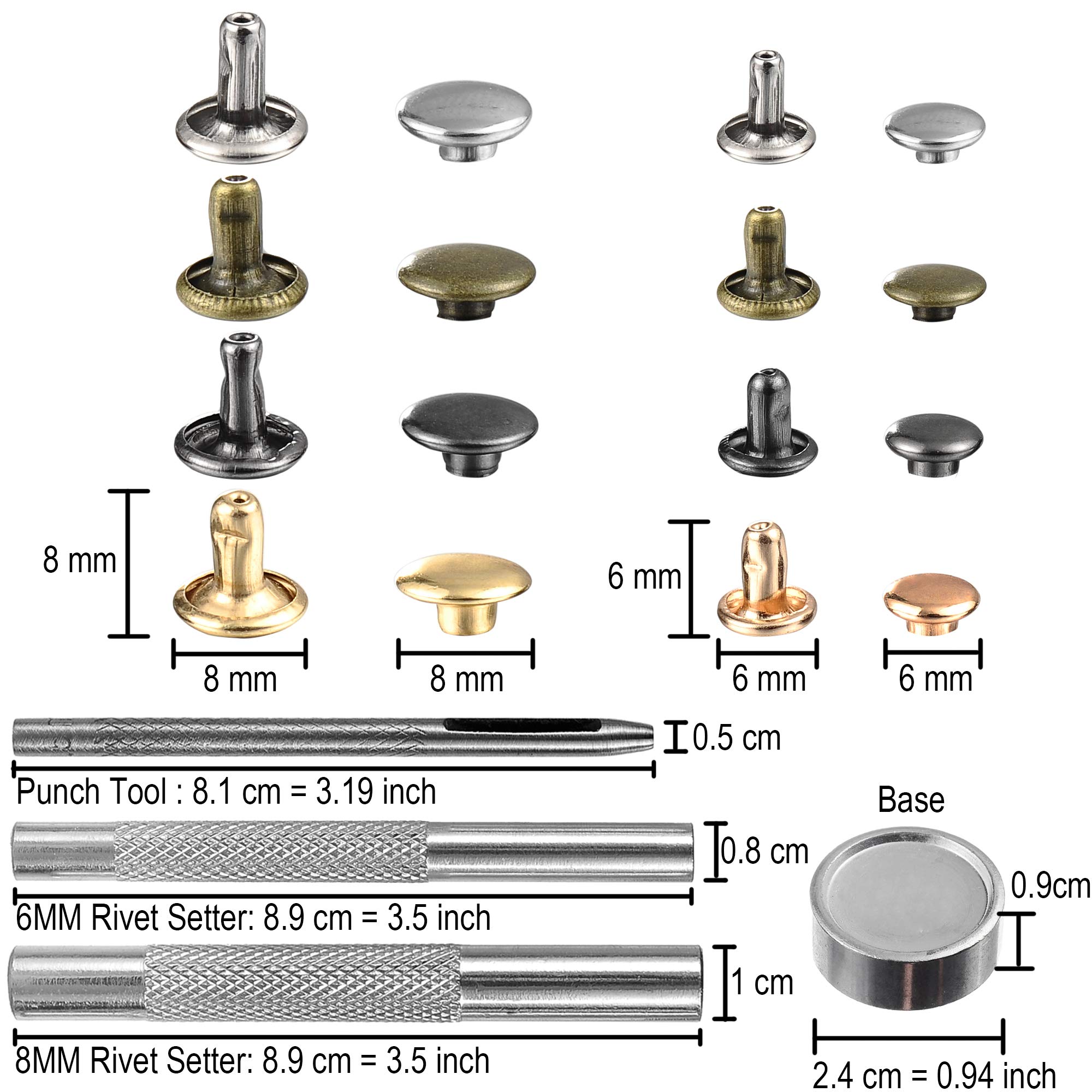 640 Sets Mixed Color Leather Rivets Kit Mixed Size Double Cap Rivets Garment Rivets with Rivet Press Setter Tool for Leather Craft Clothing Shoes Belts Bags Rivets 4 Color 2 Sizes