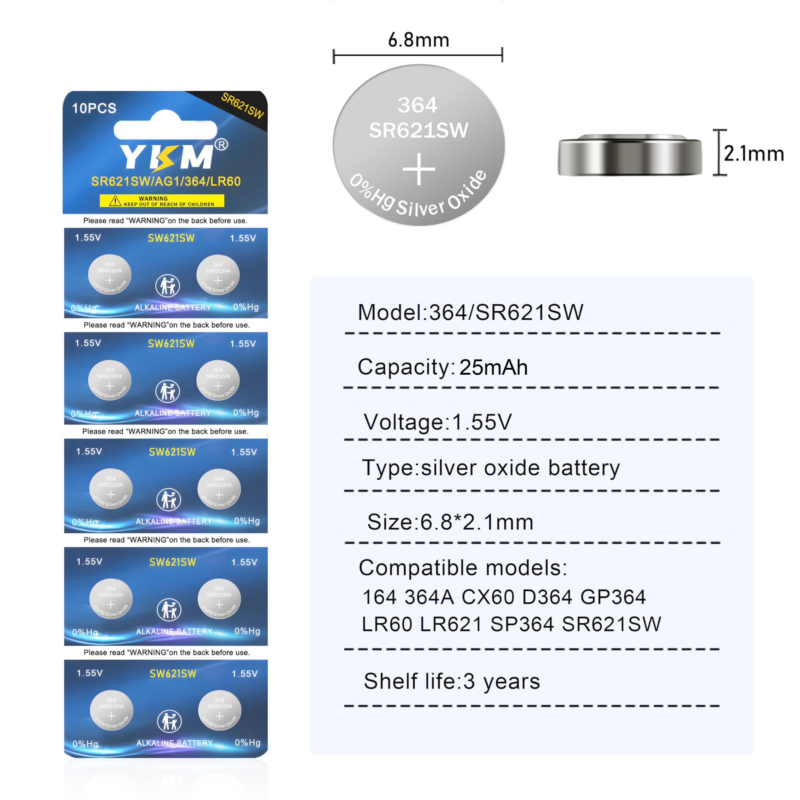YKM 10 Pack 364 SR621SW Watch Battery AG1 364/363 LR621 V364 1.55V Silver Oxide Battery