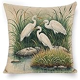 santanu White Heron in The Green Grass Animal Pillow Covers Invisible Zipper Birds Pillowcase Linen Pillow Cases 18x18 Inches Indoor Necessities Home Decor, for Car Sofa Bedroom Cushion Cover