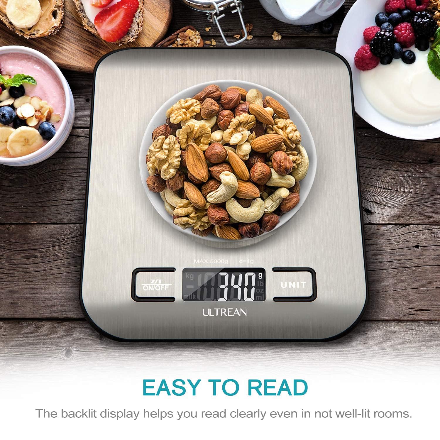 Ultrean Food Scale, Digital Kitchen Scale with LCD Display, Weight Grams and Ounces for Baking Cooking and Meal Prep, 6 Units with Tare Function, 304 Stainless Steel, 11lb (Batteries Included)