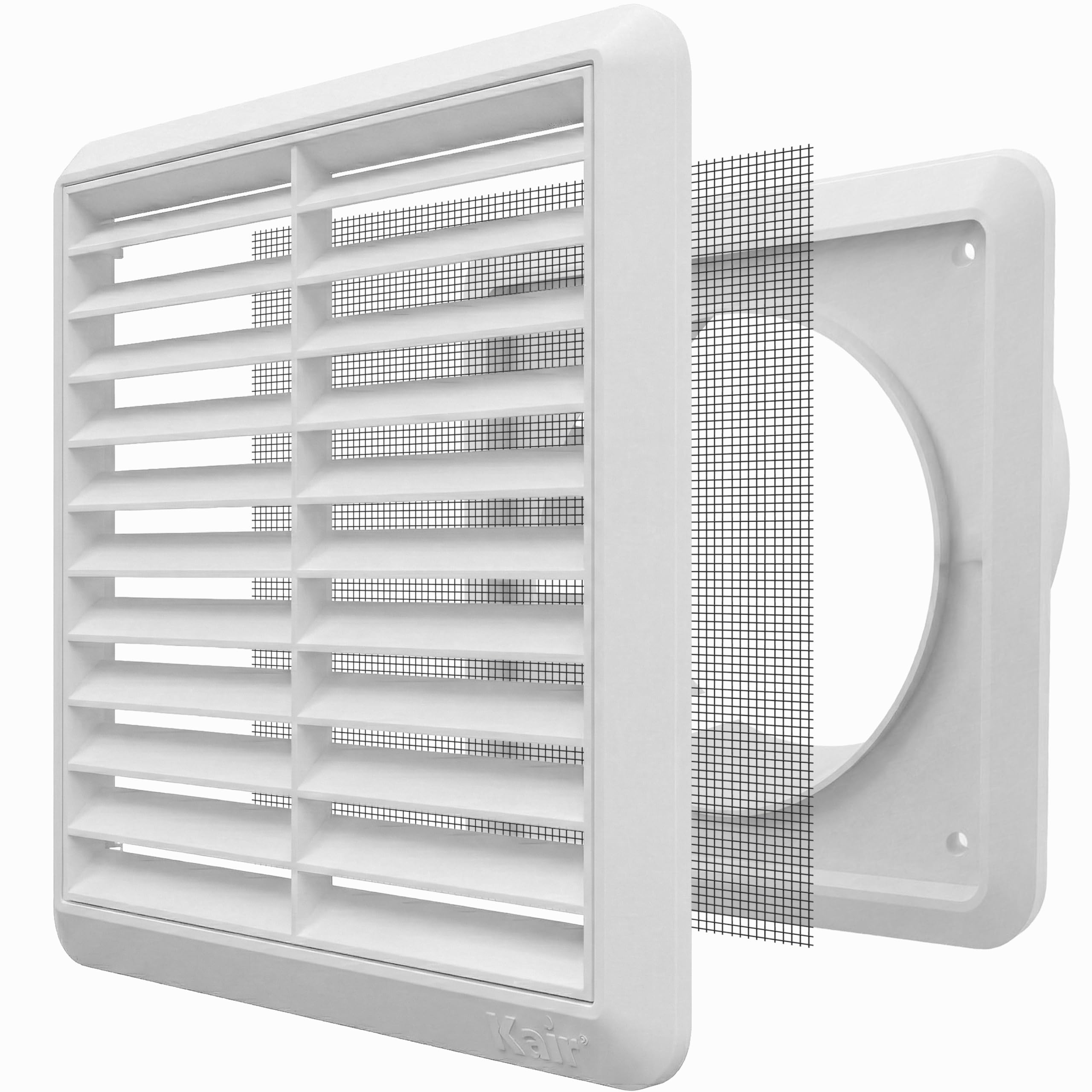 Kair White 100mm Louvred Wall Vent Grille with Flyscreen - 99.5mm / 4 Inch Round Rear Spigot & 155mm Front Cover