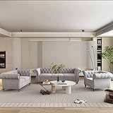 3 Piece Living Room Set, Velvet Chesterfield Sofa Loveseat Couch Chair with Scroll Arms and Nailhead for Living Room, Office 