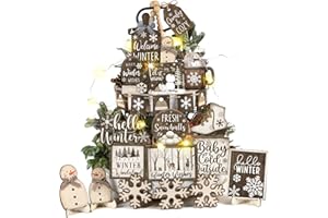 Shellwei 23 Pcs Winter Tiered Tray Decor Set Wood Rustic Hello Winter Snowman Snowflake Decoration Christmas Farmhouse Decor Xmas Signs for Christmas Decorative Trays Table Shelf Home Centerpiece