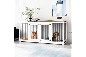 DAWNSPACES Dog Crate Furniture 71" Heavy Duty Wooden Large Dog Kennel with Trays, Removable Divider, Indoor Furniture Style Dog Crate House W/Double Rooms for Large Medium Small Dogs, White