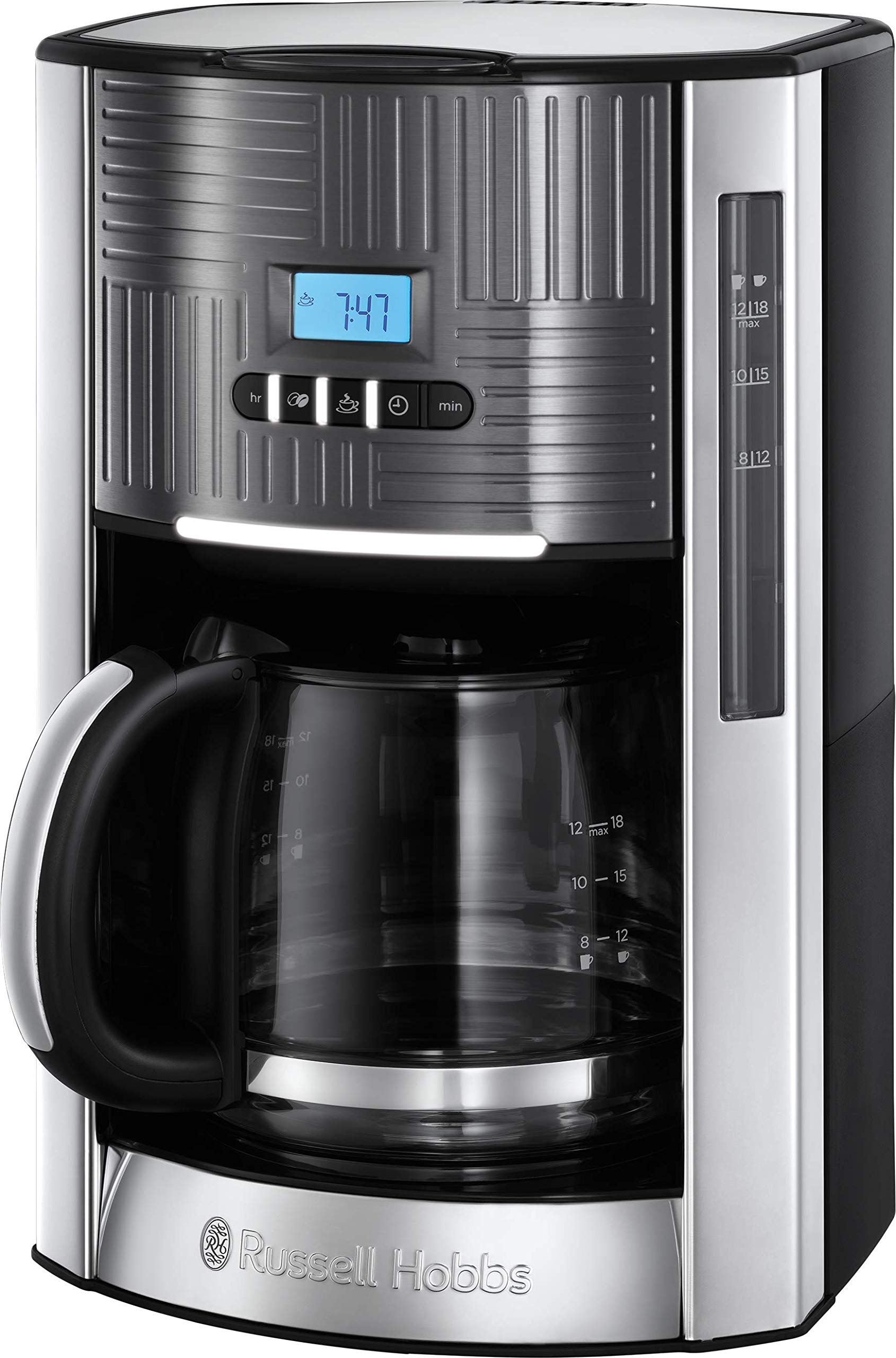 Russell Hobbs Cafetière [Programmable, Technologie Whirltech Pour Extraction & Arôme Optimaux] Geo Inox Gris (12 Tasses, Verseuse En Verre 1,5L , Maintien Au Chaud) Machine À Café Filtre 25270-56