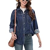 Muundim Tencel Jean Shirt Women, Oversize Denim Button Down Shirt, Lightweight Soft Blue Denim Shirt Jacket for Women
