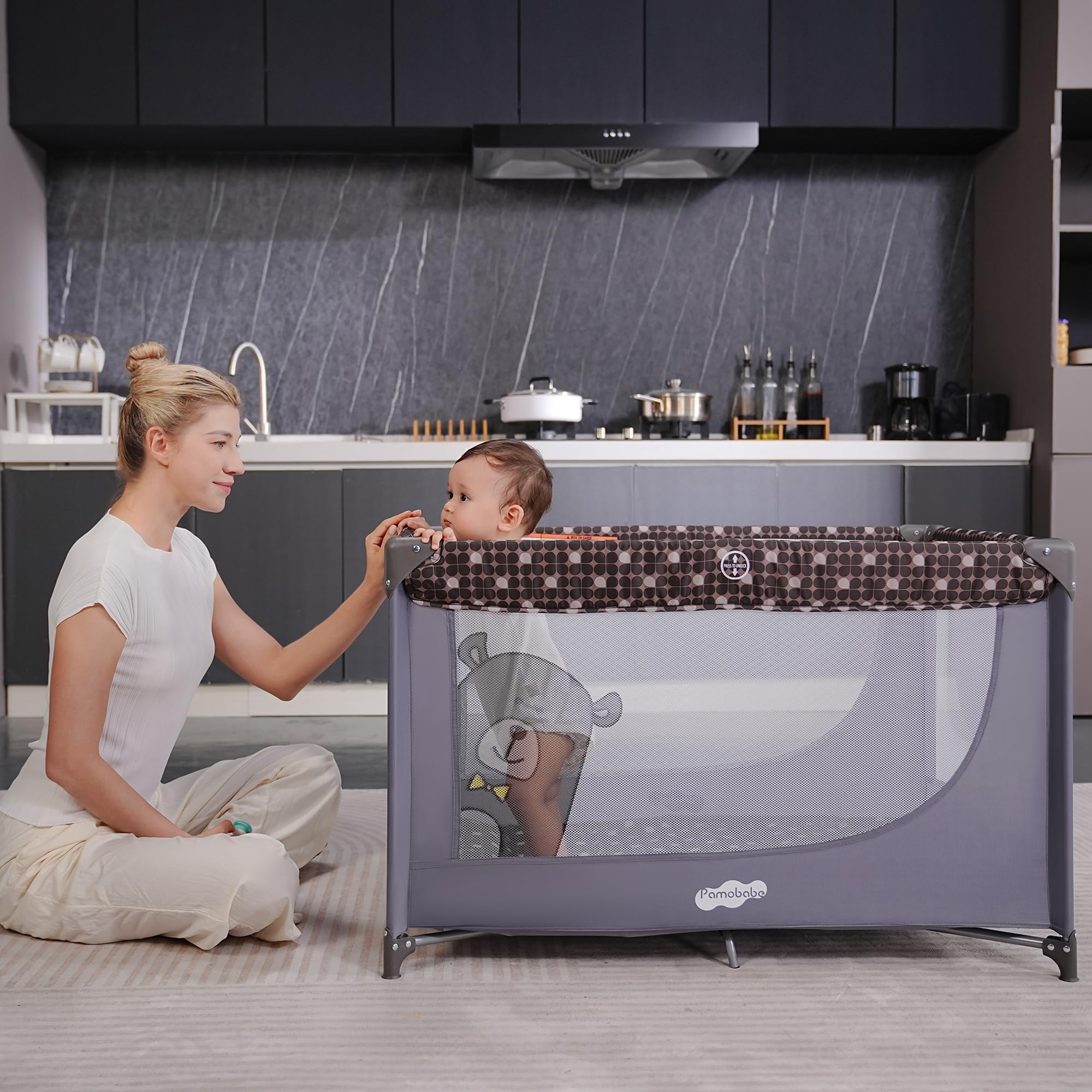 Pamo Babe Portable Crib Baby Playpen with Mattress and Carry Bag Grey