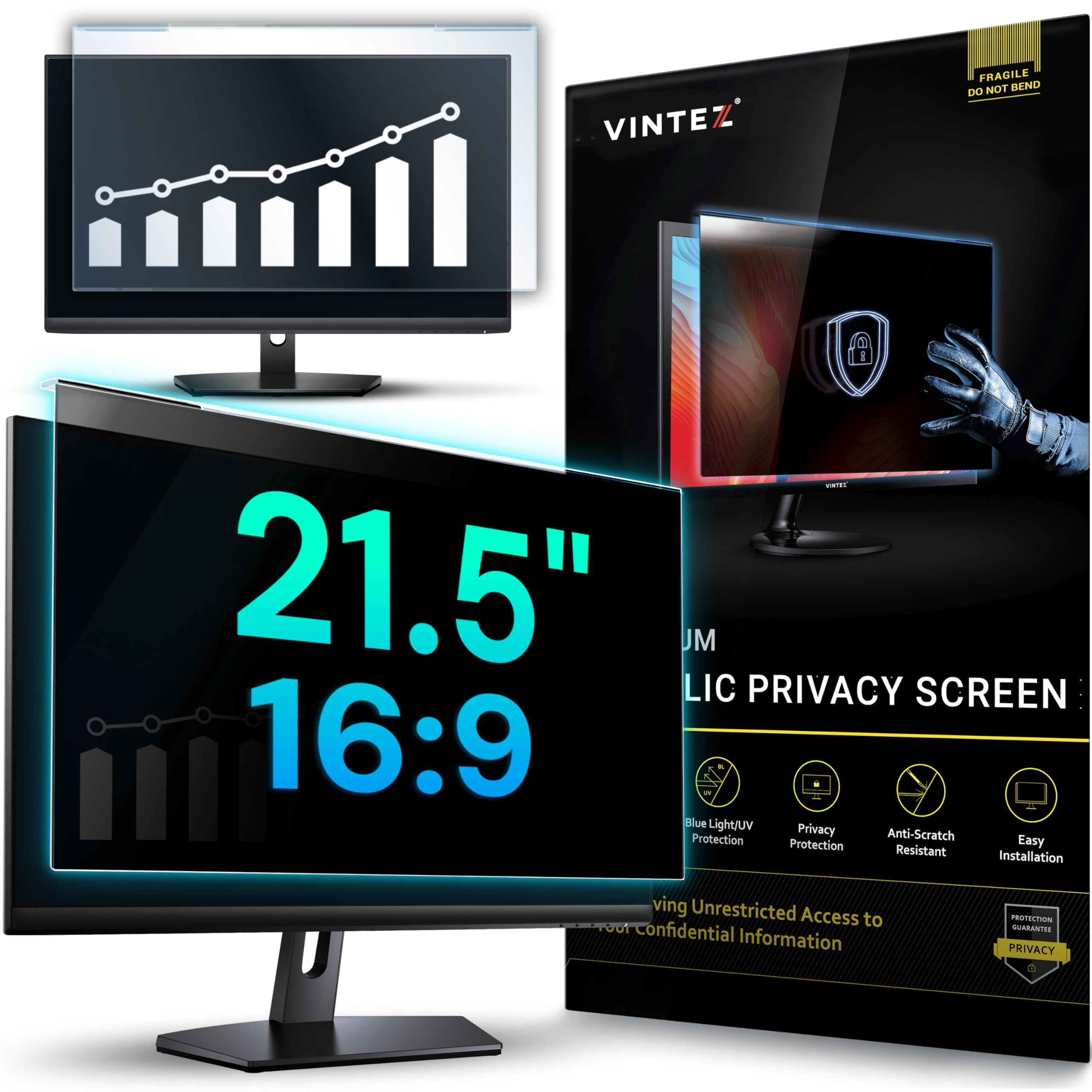 VINTEZ Universal 21.5" - 16:9 Aspect Ratio - Computer Privacy Screen Filter for Widescreen Computer Monitors - 19.3" x 11.3" = 491 x 288 mm - Monitor Frame Hanging Type — image 1