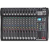 Depusheng DT12 Studio Audio Mixer 12-Channel DJ Sound Controller Interface w/USB Drive for Computer Recording Input, XLR Microphone Jack, 48V Power, RCA Input/Output for Professional and Beginners