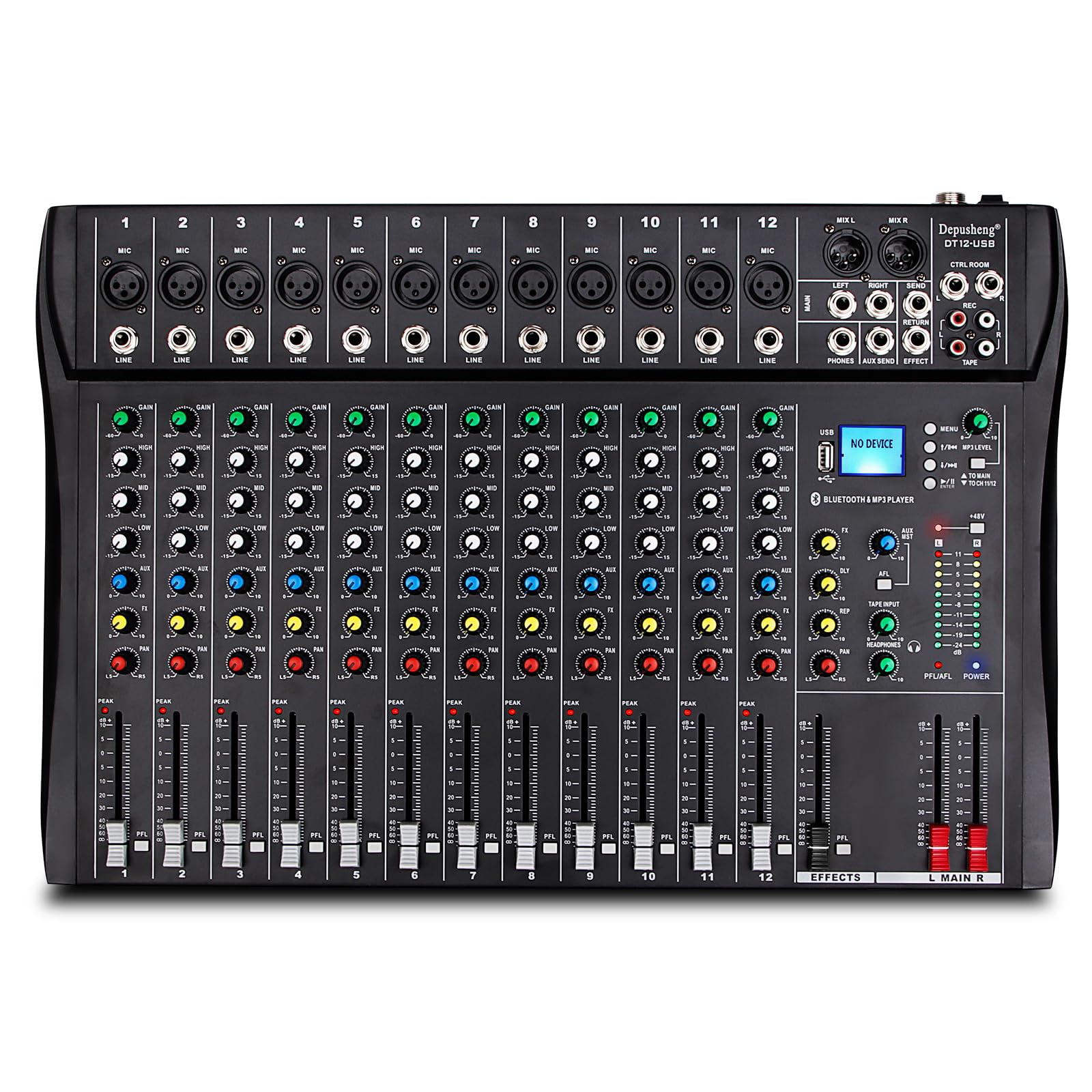 Photo 1 of Depusheng DT12 Studio Audio Mixer 12-Channel DJ Sound Controller Interface w/USB Drive for Computer Recording Input, XLR Microphone Jack, 48V Power, RCA Input/Output for Professional and Beginners