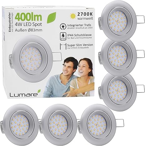 6x lumare led einbaustrahler 4w 400 lumen ip44 nur 27mm extra flach einbautiefe led leuchtmodul austauschbar deckenspot ac 230v 120 deckenlampe einbauspot warmweiss silber matt rund badezimmer amazon de beleuchtung