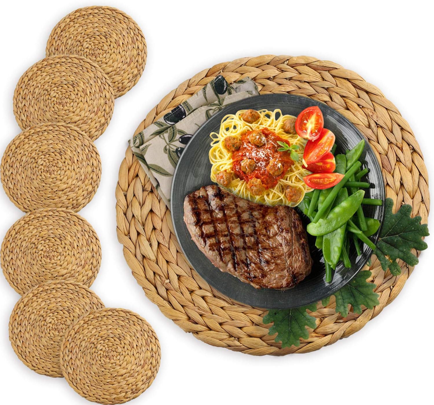 primebabe 6 Pack Woven Placemats, Round Water Hyacinth Weave Placemat Braided Rattan Tablemats 11.8”: Home & Kitchen