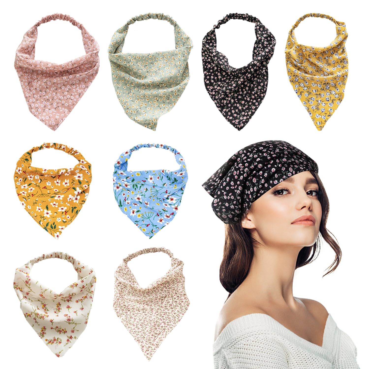 TYGFRT 8PCS Triangle Headscarf for Women, Floral Pattern, Multicolour, Soft Fabric, Elastic Design, Suitable for Daily Wear and Special Occasions