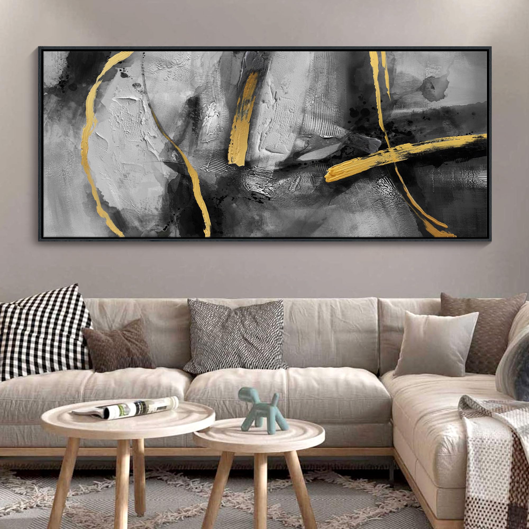 Photo 1 of CHATYOUNG Abstract Black Gray Gold Large Canvas Wall Art, Hand-Painted Golden Line Wall Paintings Framed Artwork for Living Room Bedroom Cafe Above Sofa Office Extra Large Home Decor 32"X71"