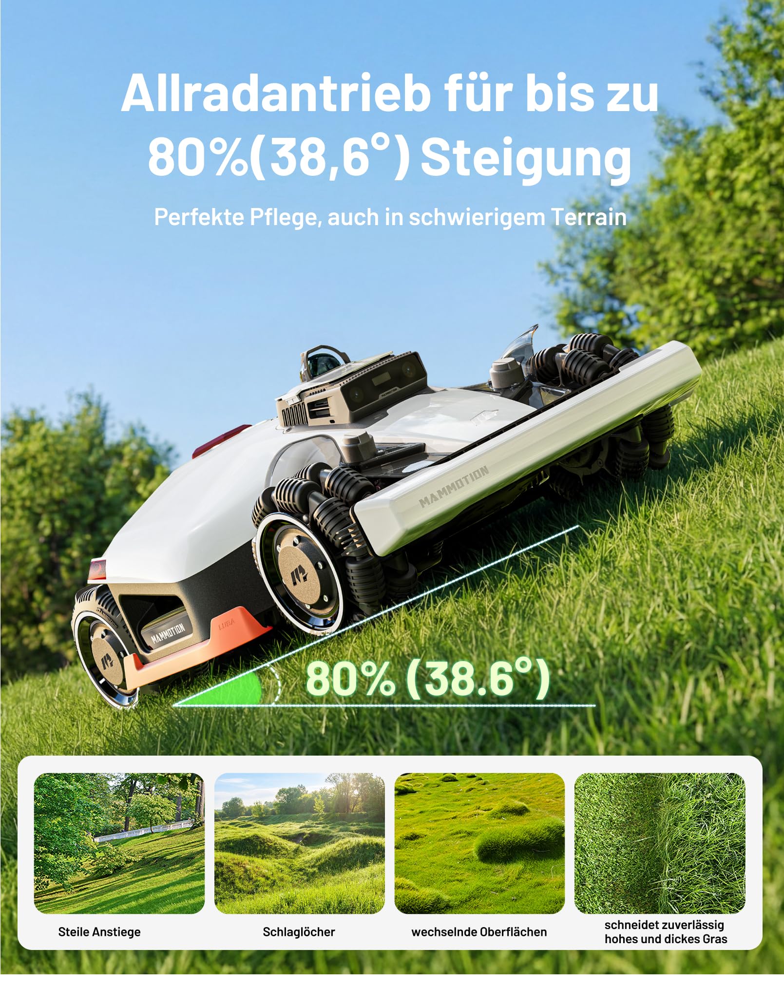 MAMMOTION LUBA 3 AWD 3000 Mähroboter ohne Begrenzungskabel für 3000㎡, 360° LiDAR+NetRTK+KI Vision Tri-Fusion-Positionierung, AWD für 80% Steigungen, Auto-Kartierung, bis zu 30 Zonen, 12Ah-AKKU 5