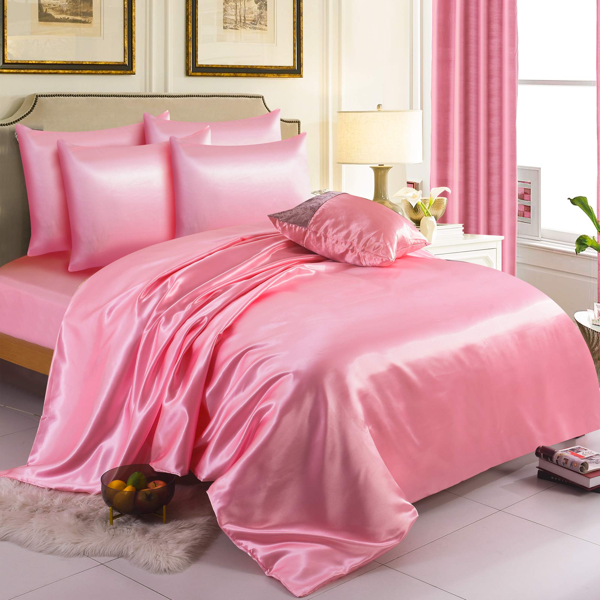 ZIMEL HOMES 4-Piece Satin Bedding Set – Soft, Silky & Shiny Bed Sheets – Includes Duvet Cover, Fitted Sheet & 2 Pillowcases (Baby Pink, Single)