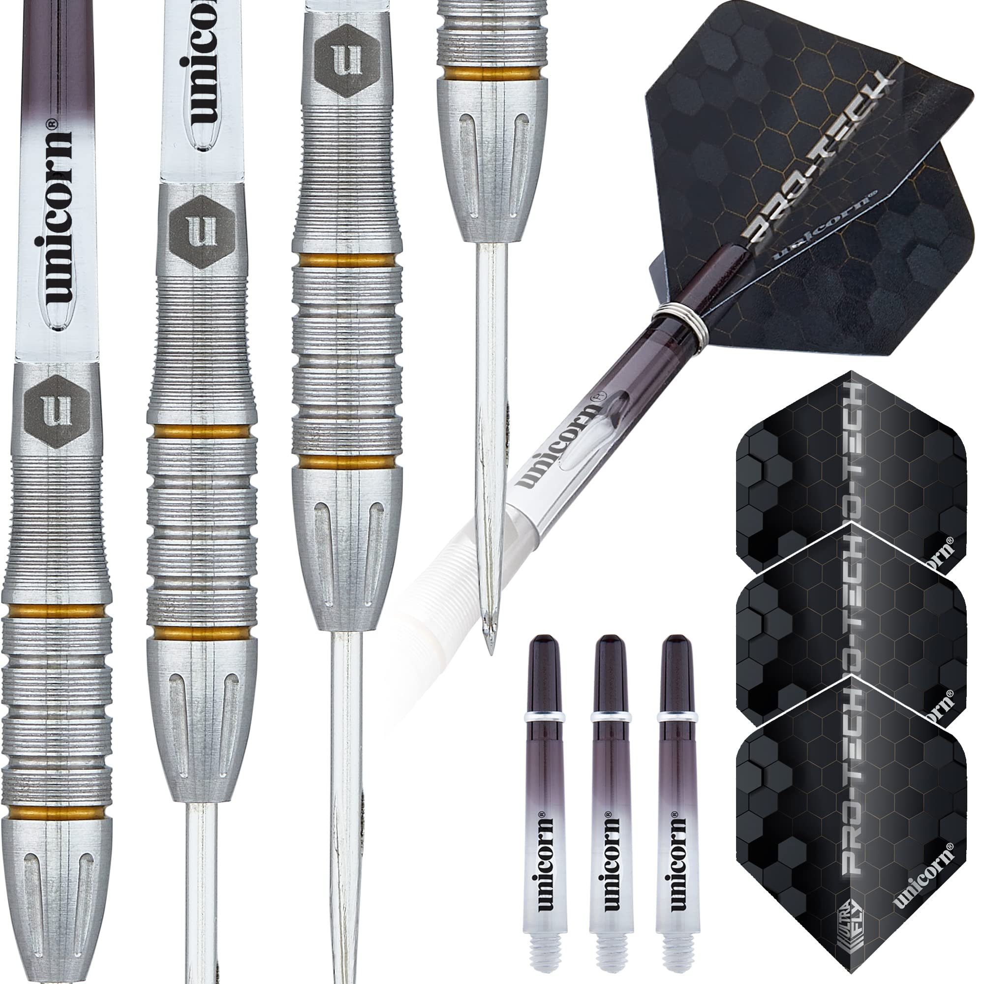 Unicorn Steel Tip Darts Set | Pro-Tech Style 5 | 90% Natural Tungsten Barrels with Golden Accents & Volute Points | 27 g