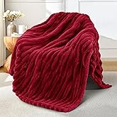 Exclusivo Mezcla Fleece Throw Blanket for Couch, Super Soft Striped Jacquard Bed Blanket, Lightweight Fuzzy Cozy for All Seasons, 50x60 Inches, Deep Red