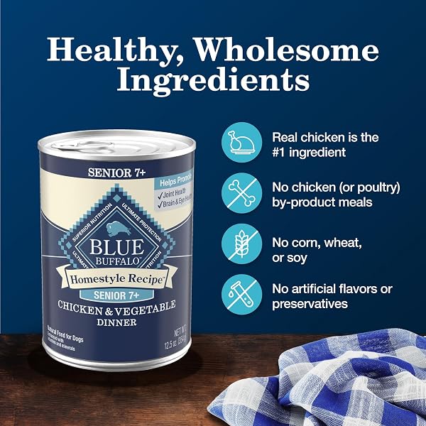 BLUE BUFFALO HOMESTYLE RECIPE SENIOR WET DOG FOOD, MADE WITH NATURAL INGREDIENTS, CHICKEN DINNER WITH GARDEN VEGETABLES, 12.5-OZ CANS (12 COUNT)